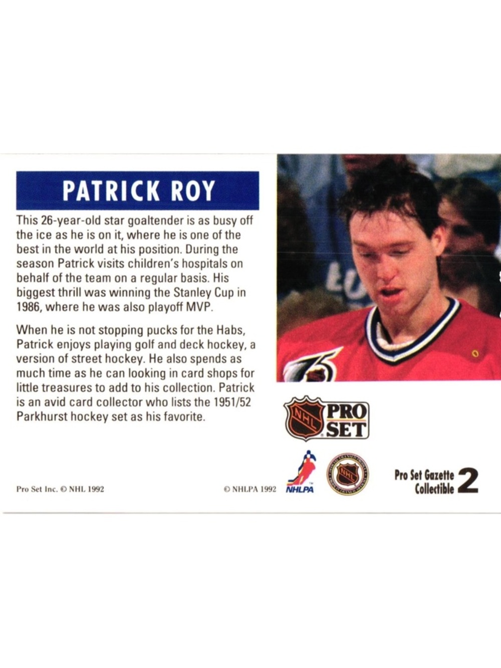 🇨🇦NOW $4🍀 Patrick Roy 1991 Pro Set Gazette Promo Montreal Canadiens Hockey Card - Picture 2 of 2